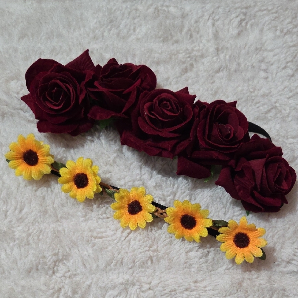 Vibrant Red Rose and Yellow Sunflower Floral Headband Set - Hair Accessories